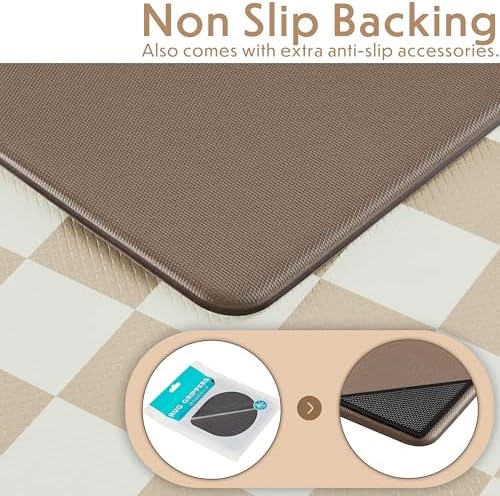 Ohocut Beige Khaki Checkered Kitchen Mats for Floor Set of 2, 2 Pcs Cushioned Non Slip Runner Rugs for Kitchen/Sink/Laundry, Comfort Aesthetic Cute Anti-Fatigue Foam Floor Mat 17.3"x29.5"+17.3"x47.2"