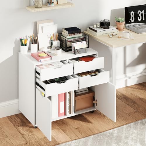 GIANTEX 4-Drawer File Cabinet, Rolling Printer Stand with 2 Lockable Wheels, Wooden Lateral Filing Cabinet, Load 298 Lbs, Under Desk Craft Storage Organizer for Home Office Organization (White)