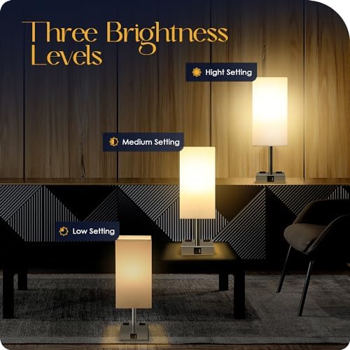Set of 2 Bedside Table Lamp 3 Way Dimmable Nightstand Lamp with USB C & USB A Charging Port, 2 AC Outlets, 3000K LED Bulbs (White)