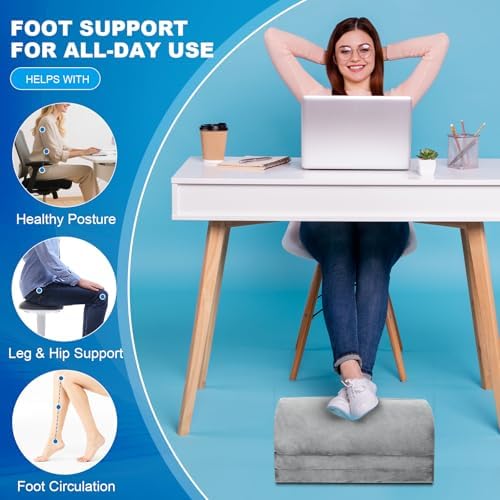 Foot Rest for Under Desk at Work, Foot Stool with Washable Cover, Comfortable Office Desk Accessories, Footrest with 3 Adjustable Heights, for Offices Gaming Chair, for Leg Support, Gray