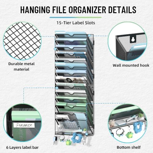 SUPEASY 15-Tier Wall File Organizer with Hooks, Wall Mounted Mail Organizer