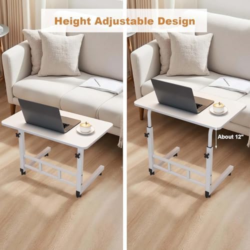 Adjustable Height Mobile Computer Desk, Small Standing Desk with Wheels, Portable Stand Up Desk, Mobile TV Tray Table Rolling Desk for Home Office, Study, and Small Spaces, White