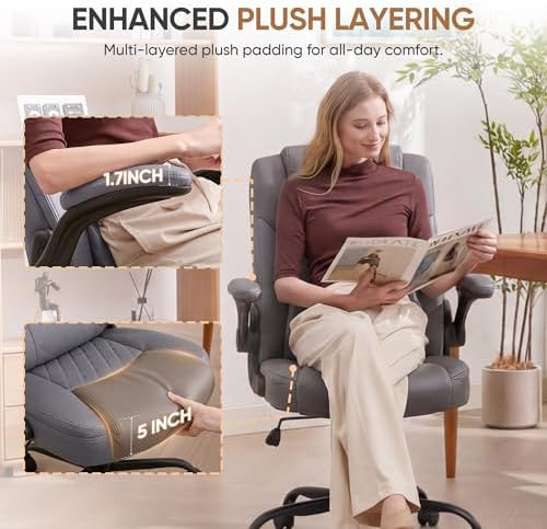 Home Leather Office Chair with Lumbar Support, 5" Padded Seat, Small Rocking Desk Chair, Comfy Computer Chairs with Rolling Wheels & Adjustable Arms for Adults, Grey