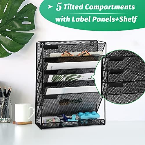 EASEPRES Desk File Organizer Mesh 6-Tier, Hanging Wall Mount Document Organization Stand, Desktop Vertical Mail Paper Folder Holder Rack with Bottom Tray for Office Home Cubicle Countertop, Black