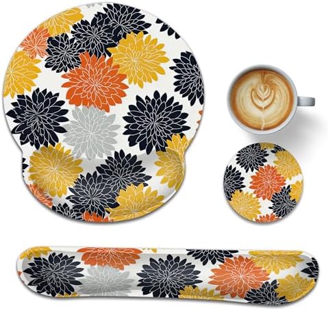 Keyboard Wrist Rest Pad Ergonomic Mouse Pad Set,Vintage Orange Black Dehlia Flowers 3 in 1 Memory Foam Mouse Pad with Non Slip Base for Office and Home