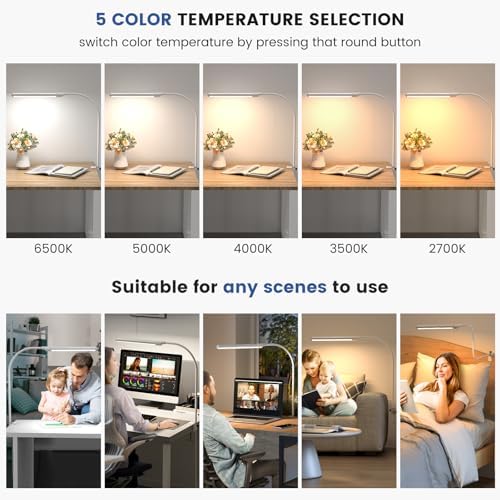 MY BEAUTY LIGHT Smart LED Desk Lamp with Clamp, Handwave Sensor Desk Light, 2700-6500K 5 Color Temperature Bright Dimmable Eye-Caring Clip on Light, Gooseneck 360° Rotatable Desk Lamps for Home Office