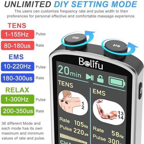 TENS EMS Unit Muscle Stimulator for Pain Relief Therapy - 4 in 1 TENS EMS Relax Custom Frequency+Pulse - Muscle Massager 36 Modes 20 Intensity, Memory & Favorites Function, 3.8" Color Display - Gray