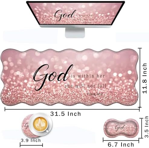 Mouse Pad with Wrist Support + Desk Mat + Coaster 3 in 1 Set, XL Large Gaming Mousepad Ergonomic Mouse Pads for Desk Computer Laptop Office,Rose Gold Glitter Quote Bible Verse Psalm 46-5