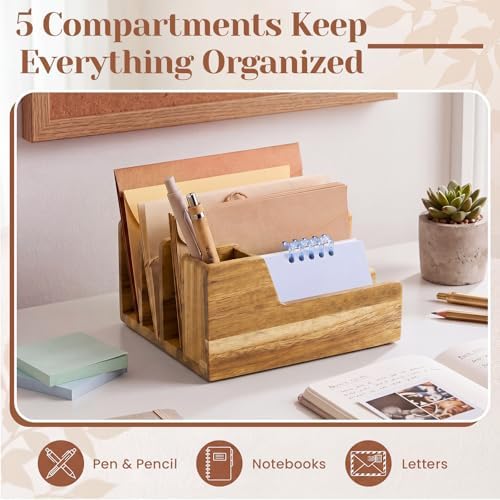 Novabright Acacia Wood Desk Organizer with Pen Holder, 5 Slot Mail Sorter