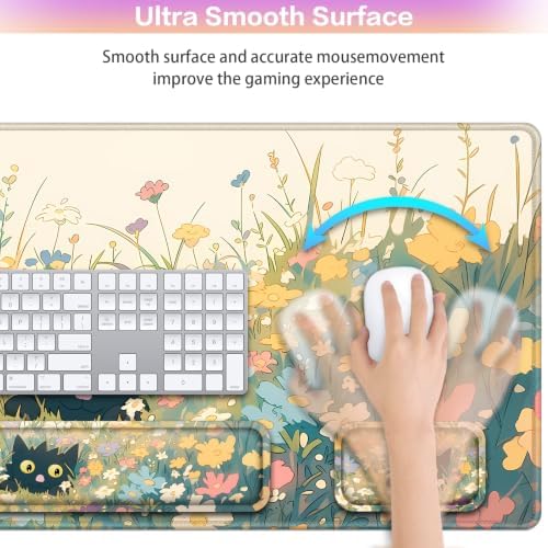 Desk Mat, Large Gaming Mouse Pad with Wrist Rest, 4in1 XXL Mousepad+Keyboard Wrist Rest+Mouse Pad Wrist Support+Cup Coaster Set Ergonomic Computer Desk Arm Wrist for Decor Home Office Women