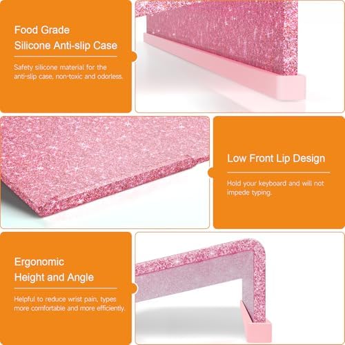 BEEGO Ergonomic Computer Keyboard Stand - Glitter Pink Acrylic Keyboard Riser Tilted Keyboard Holder Keyboard Tray with Pink Non-Slip Strip for Easy Typing at Home School Office Desk Accessories