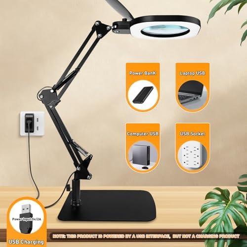 15X Magnifying Lamp with Light,5-Inch Optical Glass Lens, 3-in-1 Desk/Clamp/Floor Stand, LED Lighted Magnifier, Stepless Dimming for Close Work, Crafts, Repair, Reading, Sewing, Black