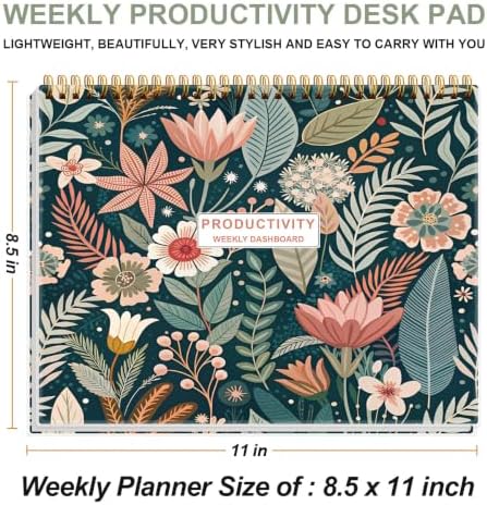 Weekly Productivity Dashboard - 8.5" x 11" Dashboard Desk Notepad Has 6 Focus Areas to List Tasks for Goals, Projects, Clients, Academic or Meal-Organize Your Daily Work Efficiently, 54 Weeks, Flower-D
