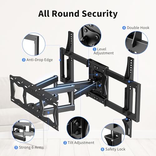 Full Motion TV Wall Mount for Most 37"-86" Flat/Curved TV up to 132lbs,Swivel Tilt Bracket with Articulating 6 Arms, Max VESA 600x400mm, Max 16” Wood Stud, MA02A