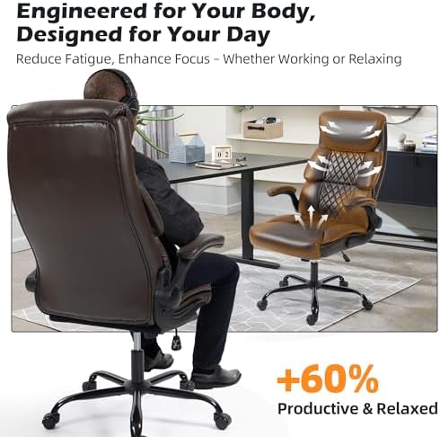 Office Chair - Ergonomic High Back Computer Desk Chair with Rocking Function & Lumbar Support - Executive Comfortable Wide Swivel Rolling Office Leather Chair with Flip-up Armrests for Home Gaming
