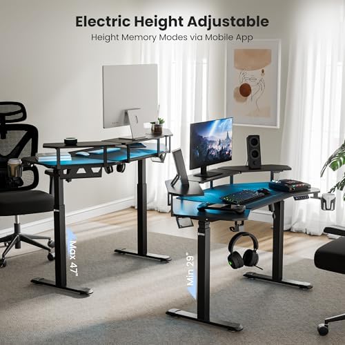 EUREKA ERGONOMIC Aero 55 Inch W Shaped Electric Standing Desk, Height Adjustable Computer Gaming Desk with LED Monitor Shelf, Mouse Pad, Headphone Hook, Cup Holder, Carbon Black
