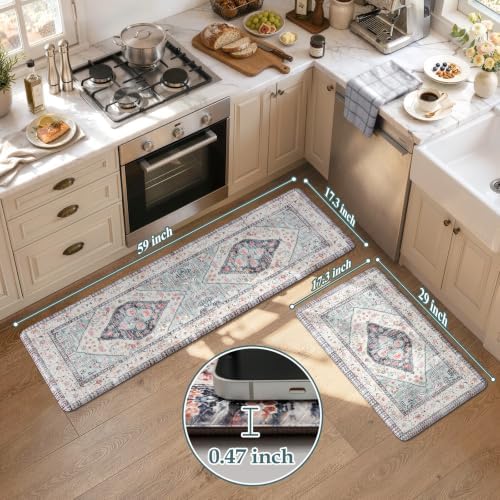 KIMODE Anti Fatigue Kitchen Mats,Boho Vintage Kitchen Rugs Sets of 2 Blue
