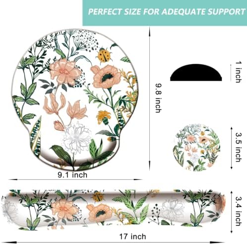 Keyboard Wrist Rest Pad Mouse Pad with Wrist Support Set of 3, Mousepad with Non-Slip Rubber Base, Ergonomic Memory Foam Mouse Wrist Cushion Support for Home Office Laptop Computer, Flower White