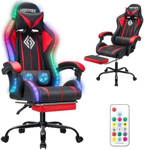 HOFFREE LED Gaming Chair with Massage RGB Lights Computer Game Chair-Red