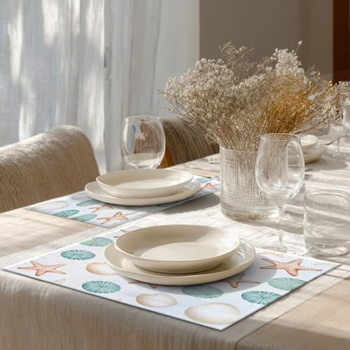 Shrahala Sea Creatures Set of 8 12 X 18 Inch Linen Placemats, Seaside Pattern Burlap Table Mat Washable Double Layered Heat Insulation for Indoor/Outdoor