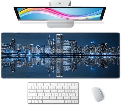 Gaming Mouse Pad, Large Mouse Pads for Desk, Non-Slip Rubber Base Mousepad, Keyboard Mouse Mat, Desk Pad with Stitched Edges, 31.5x11.8inch, Chicago Skyline