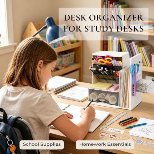 Desk Organizer with Drawer, Pen Holder with Slanted Pen Grooves White