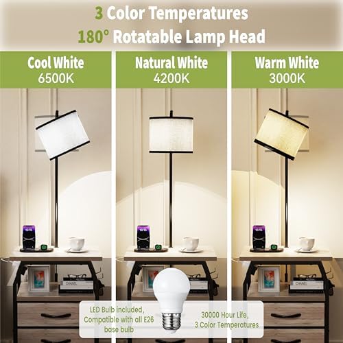 runjuly Floor Lamp with Table Set 2, End Table with Light & Charging Greige