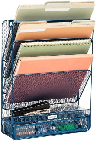 Mind Reader 4-Tier Vertical File Storage, Desktop Organizer, Wall Mount, Office, Metal Mesh, 12.5"L x 4"W x 16.5"H, Turquoise