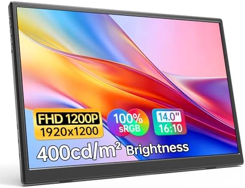 WGK 14 inch Portable Monitor 1200P FHD+ 100% sRGB Travel Display HDMI/USB-C Compatible with Laptops, Desktops, Phones, PS, Mac, Xbox, Switch, and Other Gaming Devices Includes Stand and Speakers VESA