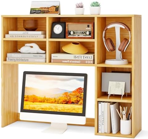 Tangkula Desktop Bookshelf, 37" Countertop Storage Hutch with 7 Cubes & 3 Adjustable Shelves, 3-Tier Desk Display Rack Organizer, Multipurpose Wood Desktop Hutch for Dorm Home Office (Burlywood)