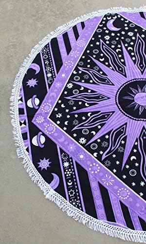 Round Beach Tapestry Turquoise Mandala Throw/Boho Hippie Beach Blanket Roundie/Indian Cotton Bohemian Large Round Table Cloth-Home Decor/Yoga Mat Meditation Picnic Rug (42", Purple)