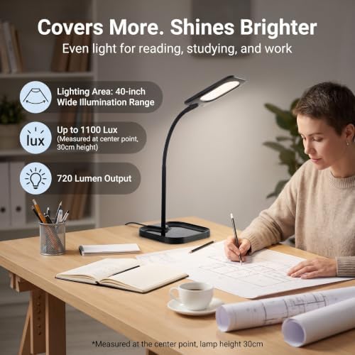 Black LED Desk Lamp for Home Office Dorm,Eye-Caring,Gooseneck,Flicker-Free
