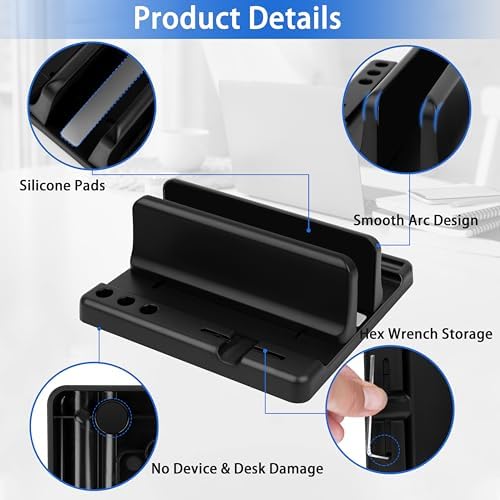 Vertical Laptop Stand Holder, ABS Organizer with Adjustable Dock, 3/4 in 1 Design Extra Storage Space-Saving, Sturdy Laptop Computer Holder for PC, MacBook, Mini PC, iPad (Black, 1 Slot)