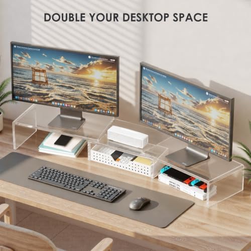 OPNICE Clear Acrylic Desk Organizers and Accessories, Dual Monitor Stand Riser with Drawer and 2 Pen Holders, Desk Shelf Printer Stand for Office Workspace Organizers, Desktop Organization (Transparent)