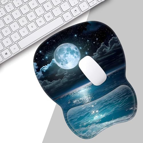 Mouse Pad with Wrist Support,Non Slip Mousepad Wrist Rest for Office, Computer, Moon Illuminating The Clear Blue OceanErgonomic Support Mouse Mat
