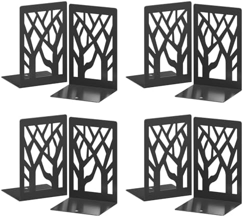 VFINE 8-Piece Metal Bookends for Shelves, Black Tree Book Ends for Books, Decorative Desk Book Organizer, Non-Skid Shelve Bookends for Home Office Shcool Supplies