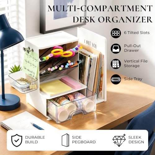 Desk Organizer with Drawer, Pen Holder with Slanted Pen Grooves White