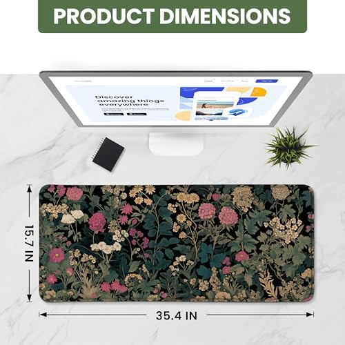 Aesthetic Desk Mat, Cute Vintage Garden Desk Pad Protector for Work & Decor, 35.4" x 15.7", Pretty Non-Slip Extended Mouse Pad for Office or Home