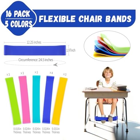 16 Pack Chair Bands for Kids with Fidgety Feet, ADHD Tools for Kids, Improve Focus & Reduce Restlessness, Chair Bands for Sensory ADHD ADD Autism - Classroom & Home Must Haves (Multicolor)