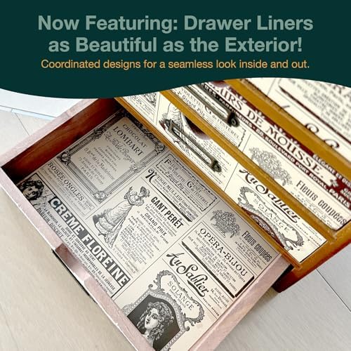4-Drawer Vintage Ephemera Pattern Desktop Organizer - Arts and Craft Newspaper Design Desk Storage Cabinet - Ephemera Wood Shelf Drawers with Label Holders - Scrapbook Collecting