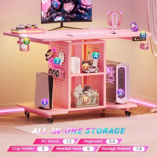 SEDETA Small Standing Gaming Desk, 31.5" Rolling Computer PC Desk Electric Height Adjustable with Power Outlet, Pegboard & Storage Shelves, LED Light, for Small Spaces/Bedroom/Gaming/Girl Room, Pink