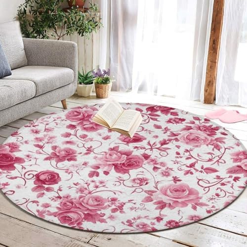 Large Home Decor Mat, Soft Round Yoga Carpet, Non Slip Machine Washable Home Office Circle Rug Pink Flowers Rose Floral