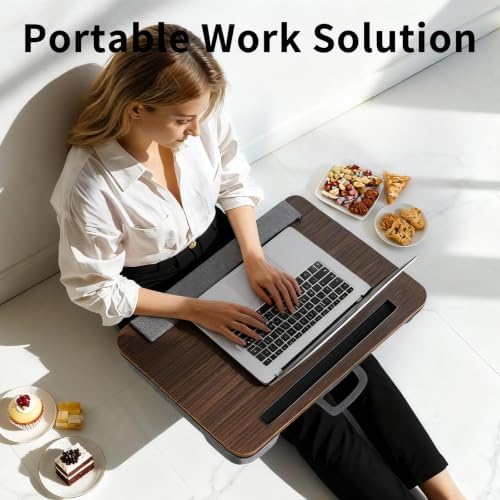 Home Office Lap Desk with Wrist Rest Laptop Bed Desk for Notebook, Laptop, Tablet, Lap Stand with Tablet, Phone Holder Fits Up to 14 Inch Laptops (Brown)