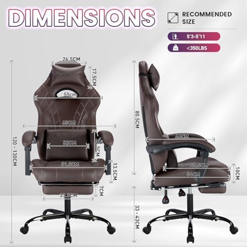Gaming Chair with Footrest and Massage Lumbar Support, Ergonomic Computer Gamer Chair, Office Video Game Chairs with Adjustable Height and Backrest (Coffee)