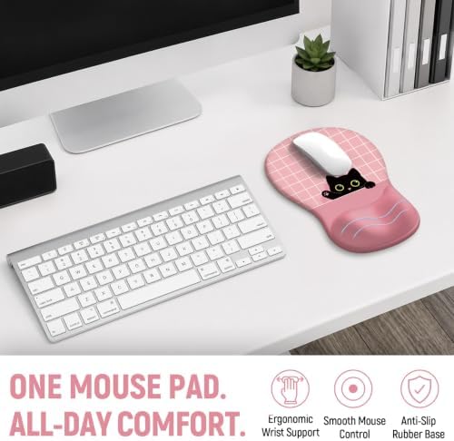 Ergonomic Mouse Pad with Wrist Rest, Gel Wrist Support, Pink Cat