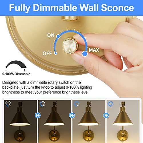 TRLIFE Wall Sconces Plug in, Dimmable Wall Sconces Brushed Brass Swing Arm Wall Lights Plug in Wall Mounted Light Industrial Wall Lights with 6FT Plug in Cord, E26 Base, UL Listed(Two Arms, 2 Pack)