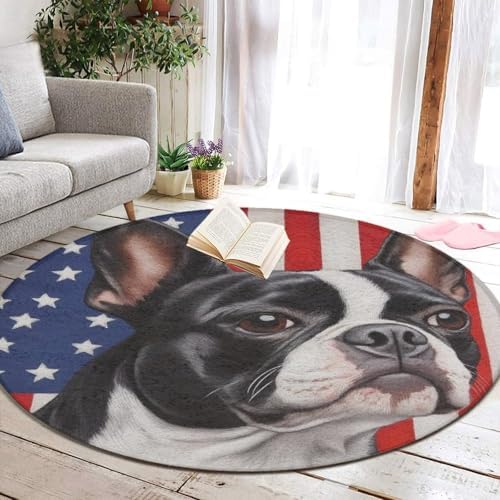 Large Round Area Rug Home Decor Modern Bathroom Rug Kitchen Office Circle Rug for Living Room Sofa Circle Cute Mat American US Flag Boston Terrier, 24inch
