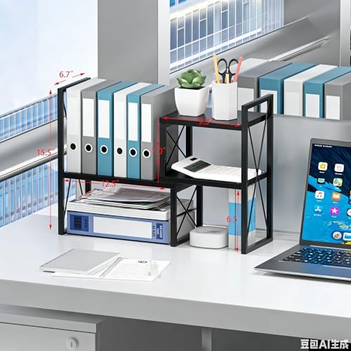 Expandable Desktop Shelf Organizer, 2 Tier Wood Desk Shelf for Office, Metal Corner Bookshelf, Countertop Storage Rack (Black)