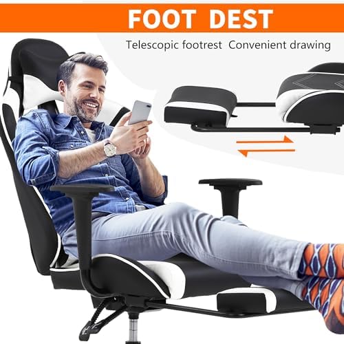 Gaming Chair, High Back PU Leather Gaming Chairs Computer Chair with Headrest & Lumbar Support, Height Adjustable Wide Seat Gaming Chairs for Adults, Game Chair with Footrest & Armrest
