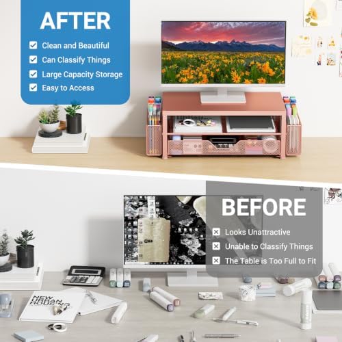 OPNICE Desk Organizers and Accessories, Computer Monitor Stand Riser with Drawer and 2 Pen Holders, Printer & Laptop Stand, Office Desk Accessories & Workspace Organizers for Home Office Supplies, Rose Gold